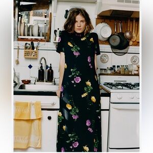 Louna Floral Asian Inspried Satin Cotton High Mock Neck Grunge 90s Midi Dress